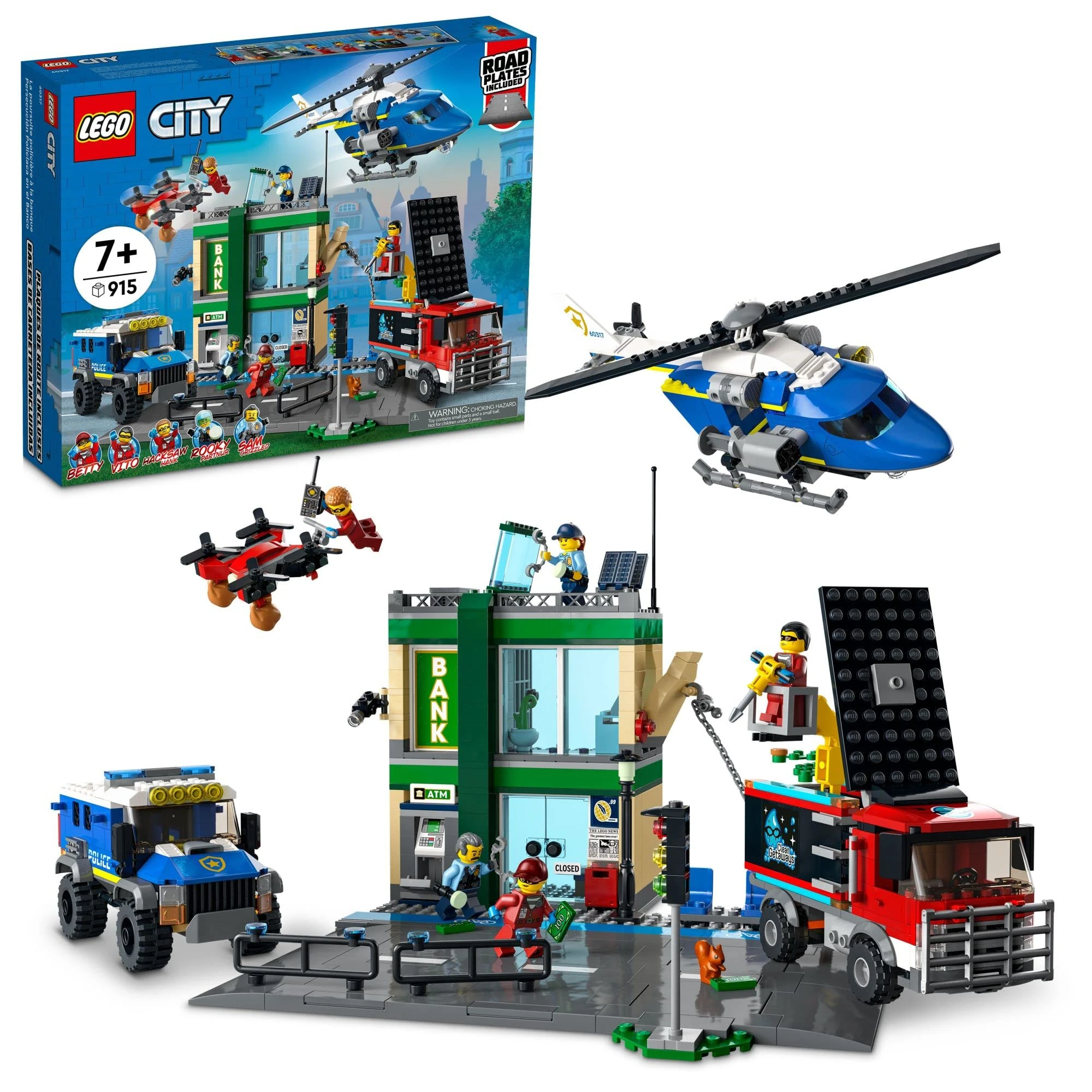 LEGO City Police Chase at The Bank 60317 Building Kit; Multi-Model Police and Crook Toy Playset for Kids Aged 7+ (915 Pieces)