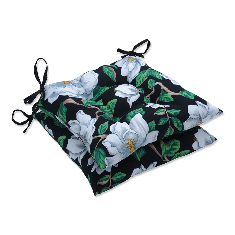 Pillow Perfect Floral Indoor/Outdoor Chair Seat Cushion with Ties, Tufted, Weather, and Fade Resistant, 18.5" x 19", Black/White Magnolia, 2 Count