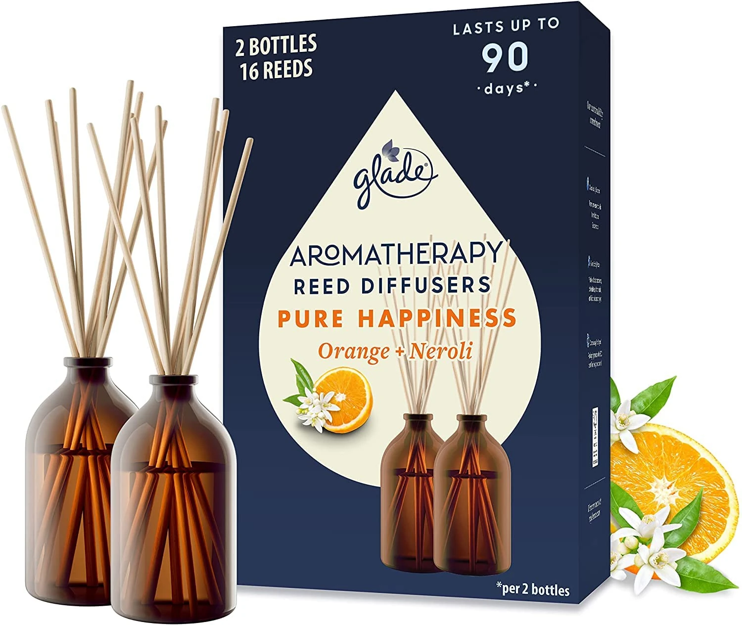 Glade Aromatherapy Reed Diffuser Gift Set, Home Decor Essential Oils Diffuser Uplifting Fragrance, Pure Happiness with Orange & Neroli Blossom, Pack of 2 (2 x 80 ml)
