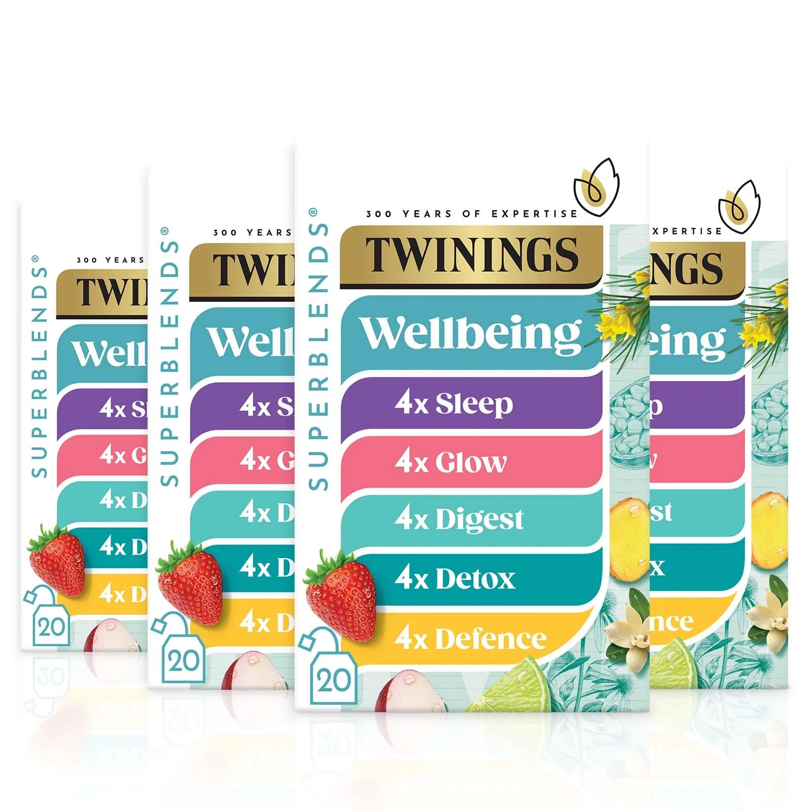 Twinings Superblends Wellbeing Collection - Selection of our bestselling blends: Defence, Glow, Digest, Detox & Sleep Tea Bags, 4 x boxes of 20 biodegradable tea bags, 80 bags in total