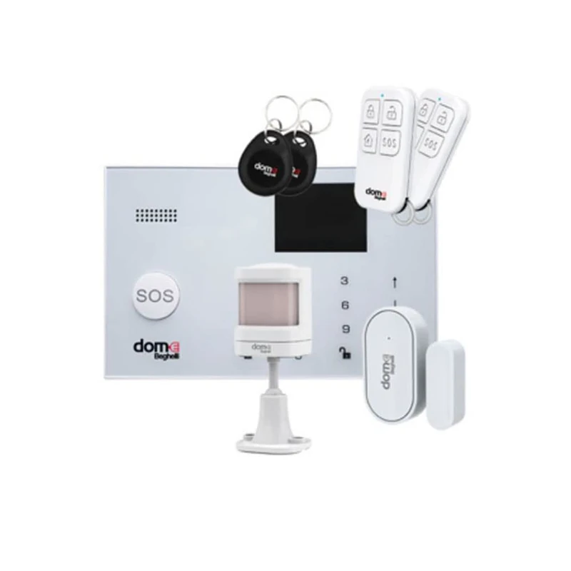 Beghelli - Dom-e Anti-Burglary Kit, Wireless Wi-Fi/GSM Alarm System with Anti-Power Failure Battery, SOS Button, Alexa and Google Home Compatible, App Control and Voice Assistant, White