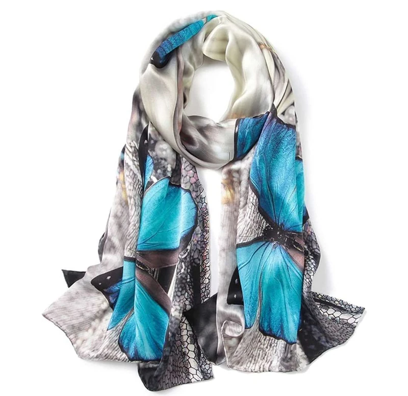 ANDANTINO 100% Mulberry Silk Long Scarf for Women Large Shawls for Headscarf and Neck- Oblong Hair Wraps with Gift Packed …, Blue Butterflies, Large