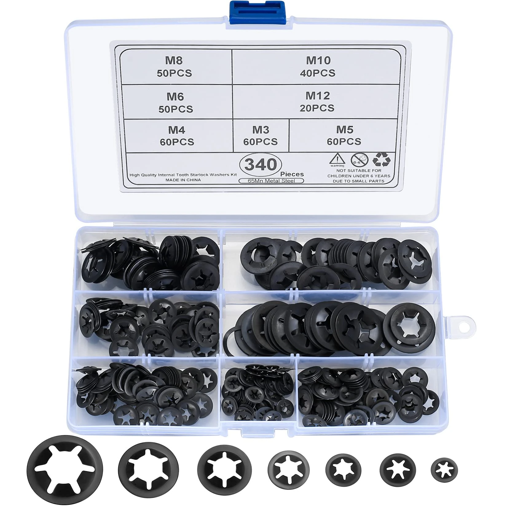 340 Pcs Starlock Washers, Internal Tooth Quick Speed Locking Washer, Push On Speed Clips Fasteners Starlock Washers Assortment Kit - 65Mn, Black, M3/M4/M5/M6/M8/M10/M12