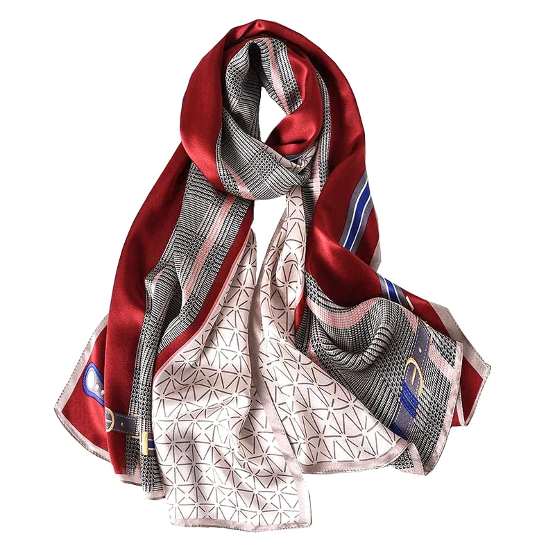 100% Mulberry Silk Long Scarf for Women Large Shawls for Headscarf and Neck- Oblong Hair Wraps with Gift Packed (Chains-Red)