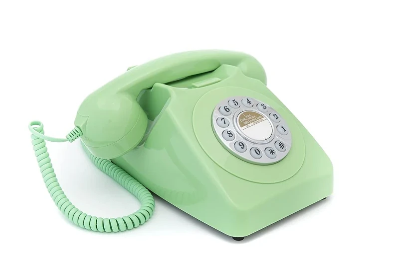 GPO 746 Push-Button Retro Landline Phone, Vintage Landline Telephone for Home, Office, Retro Phones with Authentic Bell Ring and Curly Cord, Mint Green