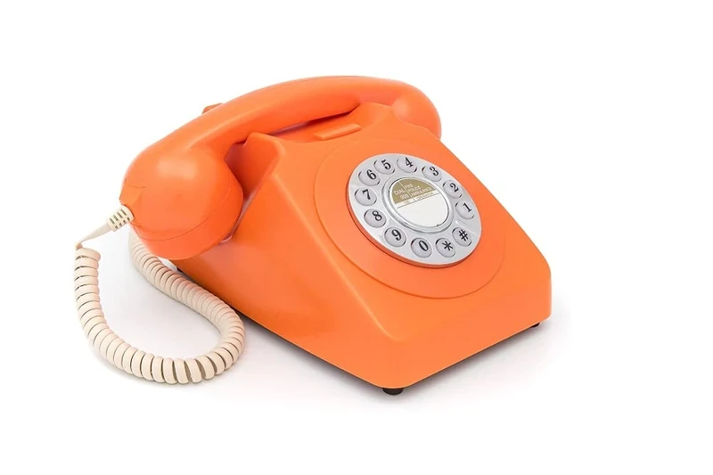GPO 746 Push-Button Retro Landline Phone, Vintage Landline Telephone for Home, Office, Retro Phones with Authentic Bell Ring and Curly Cord, Orange