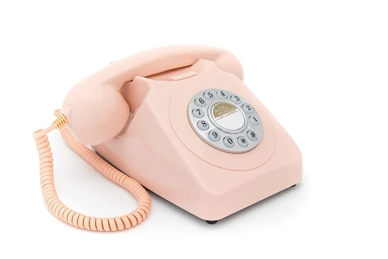 GPO 746 Push-Button Retro Landline Phone, Vintage Landline Telephone for Home, Office, Retro Phones with Authentic Bell Ring and Curly Cord, Carnation Pink