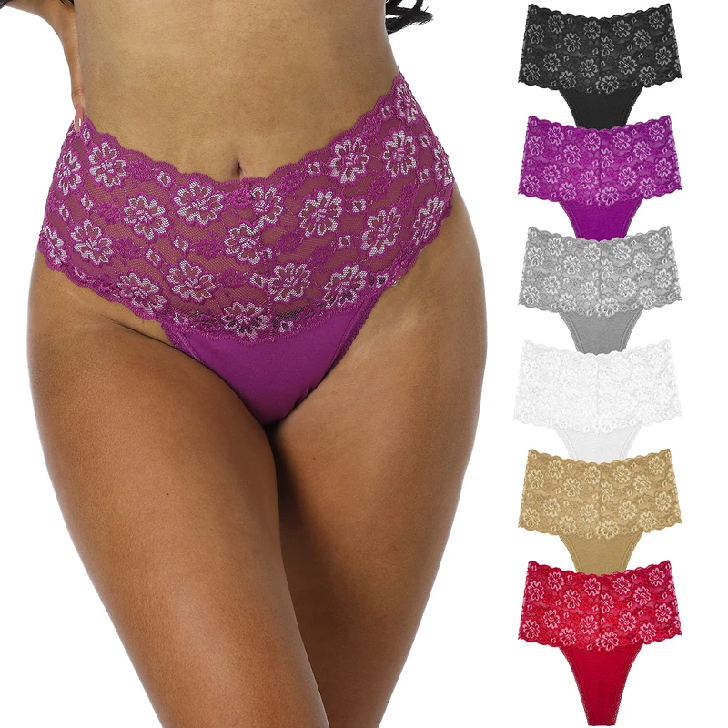 Umiehary High Waist T Back Lace Fashion & Retro Thick Band Women Thongs with Multiple Colors Plus Size, 6 Pcs Lacy Thongs, M