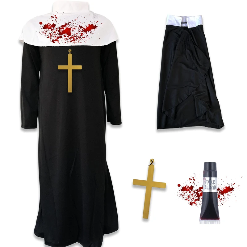 Childrens Kids Girls Zombie Nun Sister Halloween Fancy Dress Costume Horror Scary Fake Blood Cross (Large (10-12 Years))