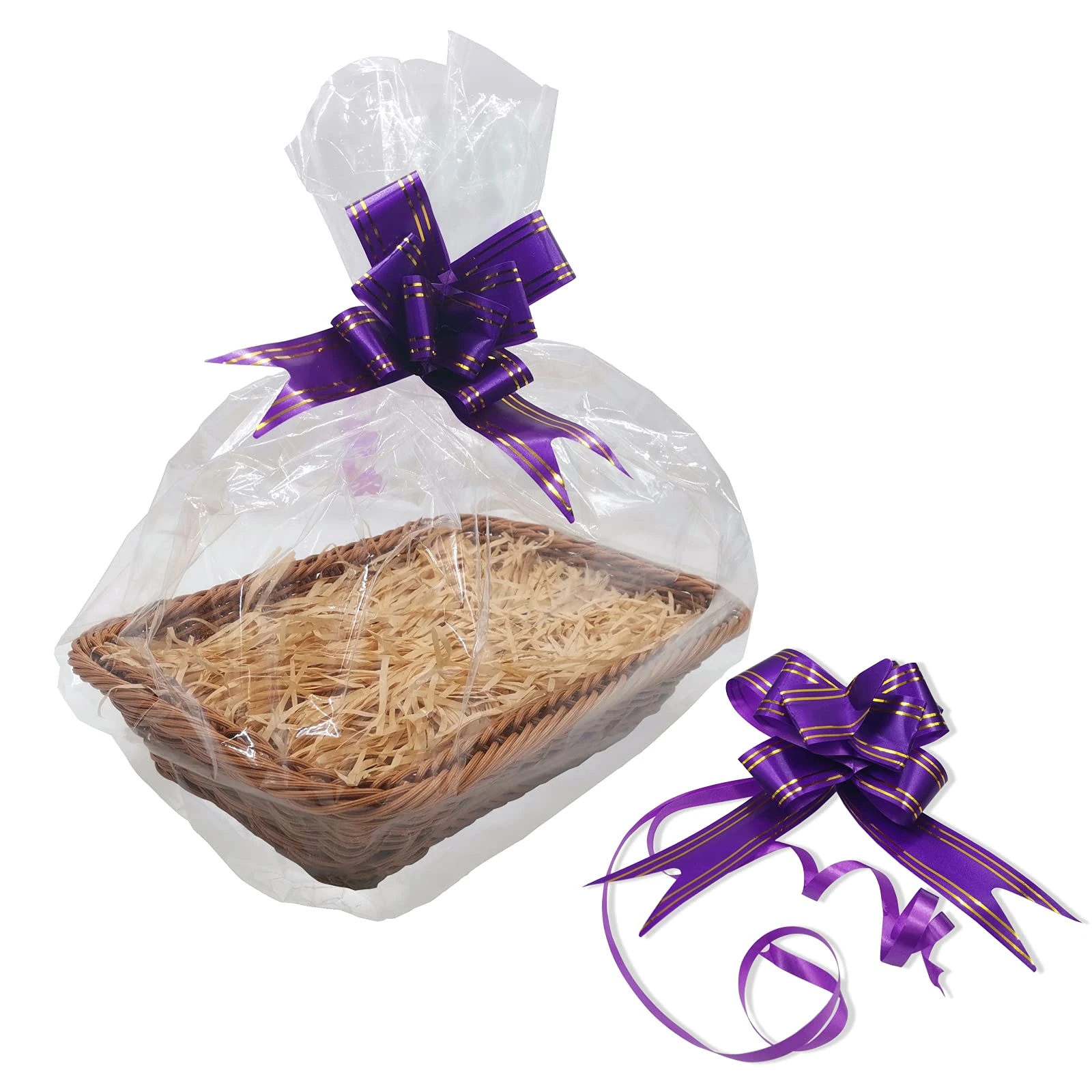 30 x 20 CM Hamper Baskets for Gifts, 1 Pack of Basket Kit with Purple Ribbons for Gift Wrapping, Cellophane Bag and Shredded Paper