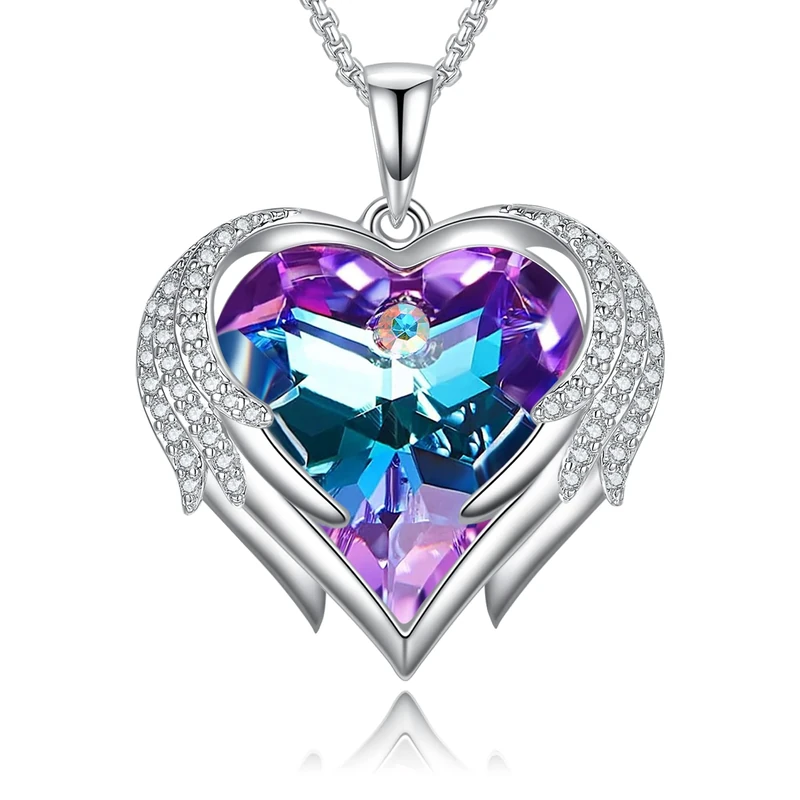 Praelinos Angel Wing Heart Necklaces for Women 18K White Gold Plated Silver Tone Pendant Necklaces 5A Cubic Zirconia Necklace Austria Crystal Jewellery Valentines Purple Gifts for Mom Girlfriend Wife