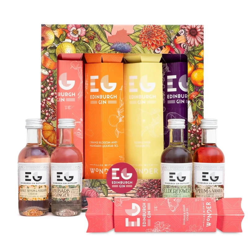 Gin Crackers by Edinburgh Gin - Christmas Gin Alcohol Crackers, Luxury Flavoured Gins 4x 5cl Orange Blossom, Elderflower, Plum & Vanilla, Rhubarb and Ginger Liqueur - Mini Christmas Cracker Gifts