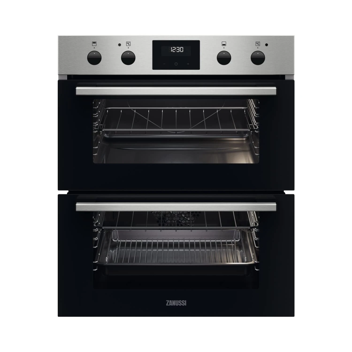 Zanussi SurroundCook Built In Double Oven ZPHNL3X1, 45L Capacity, 59.4 cm, Self Cleaning With Clean Enamel, Fan Controlled Defrosting, LED Display, Antifingerprint Coating, Stainless Steel