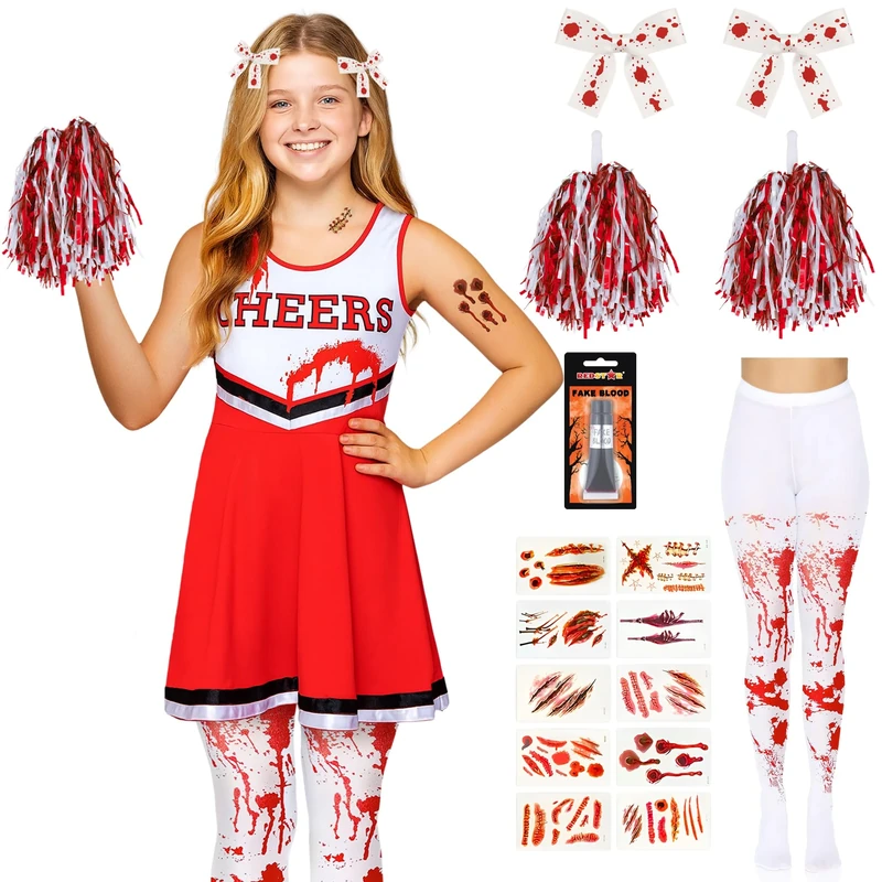 REDSTAR Girls Zombie Cheerleader Costume for Girls Halloween Costumes - Kids Dead Cheerleader Outfit with Pom Poms, Fake Blood, Blood Stained Tights Kids, Bloody Hair Clips, Zombie Scar Tattoos