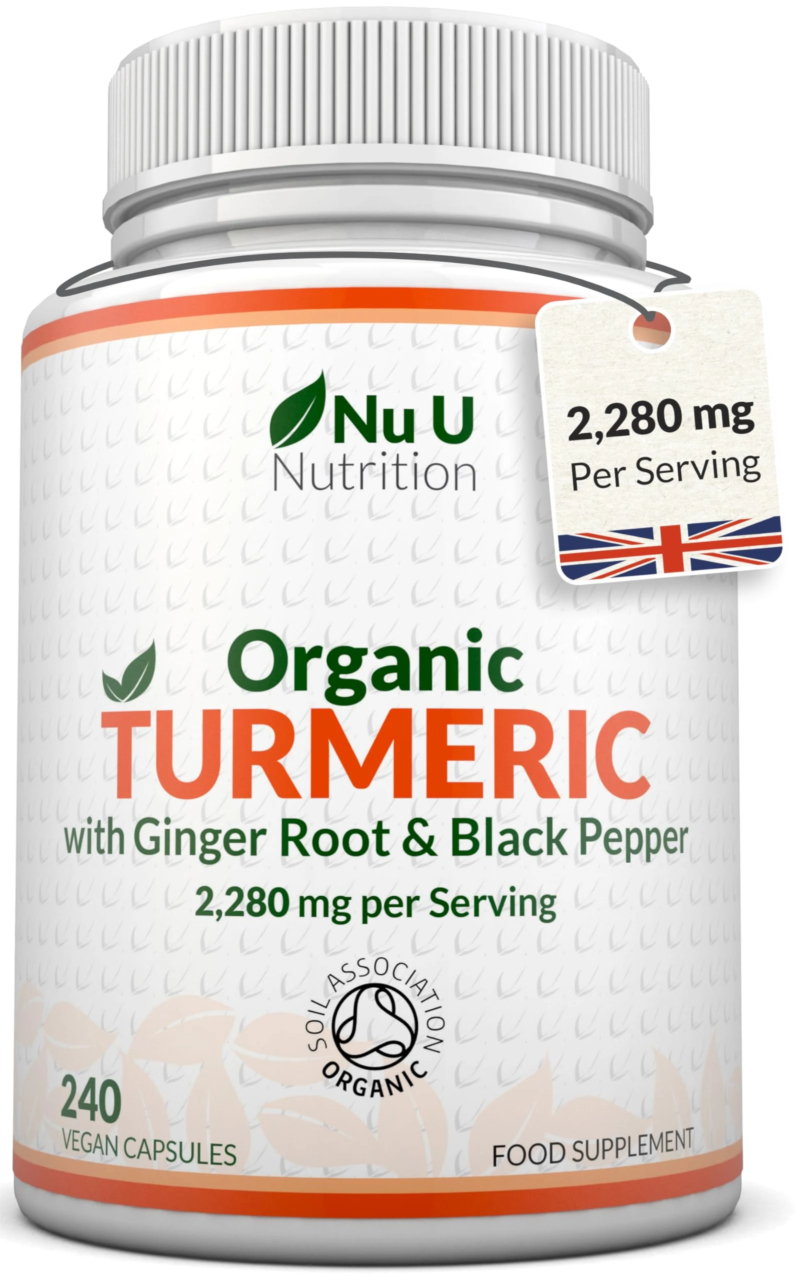 Organic Turmeric Ginger & Black Pepper 2280mg - 240 Vegan Capsules not Tablets - High Strength Tumeric Curcumin - Joints Herbal Supplement for Men and Women - Made in The UK - Nu U Nutrition
