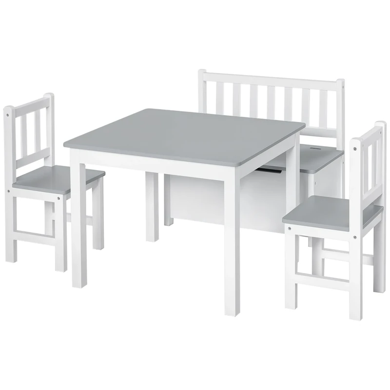 HOMCOM 4-Piece Kids Table and Chair Set with 2 Wooden Chairs, 1 Storage Bench, and Interesting Modern Design, Grey/White