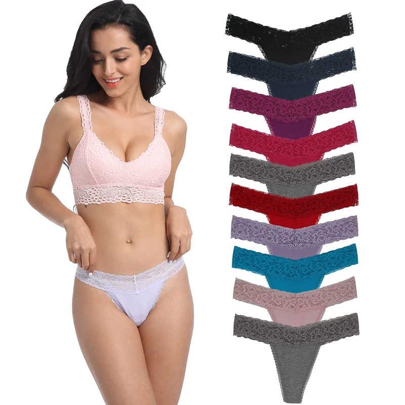 Womens Thong, T Back Low Waist Seamless Panties Cotton Lace Thongs For Women, Pack Of 10 Assorted different Lace Pattern and Color