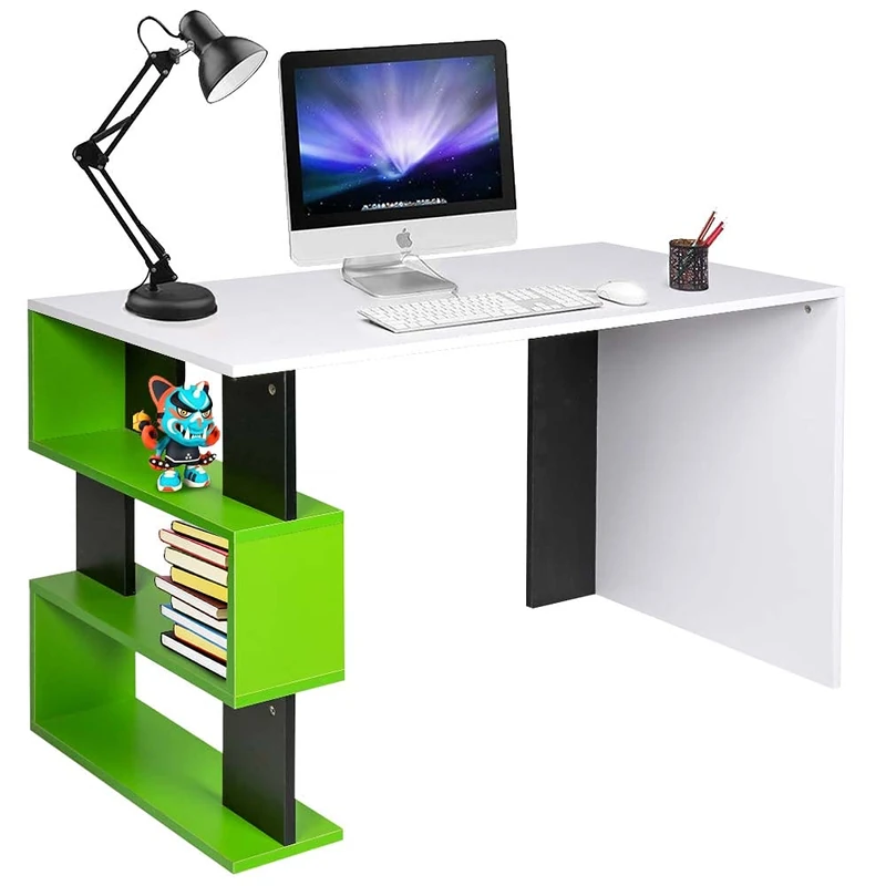 BAKAJI Desk Bookcase 3 Shelves Table PC Computer Wood Home Office Green, Engineered, Standard - Image 1