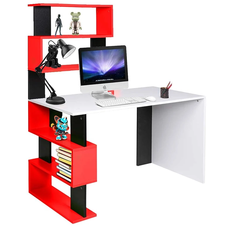 BAKAJI Desk with Double Bookcase 7 Shelves Work Table Pc Computer Holder Wood Frame and Top MDF Home Office Bedroom Modern Design 120 x 60 x 148 cm (Red)