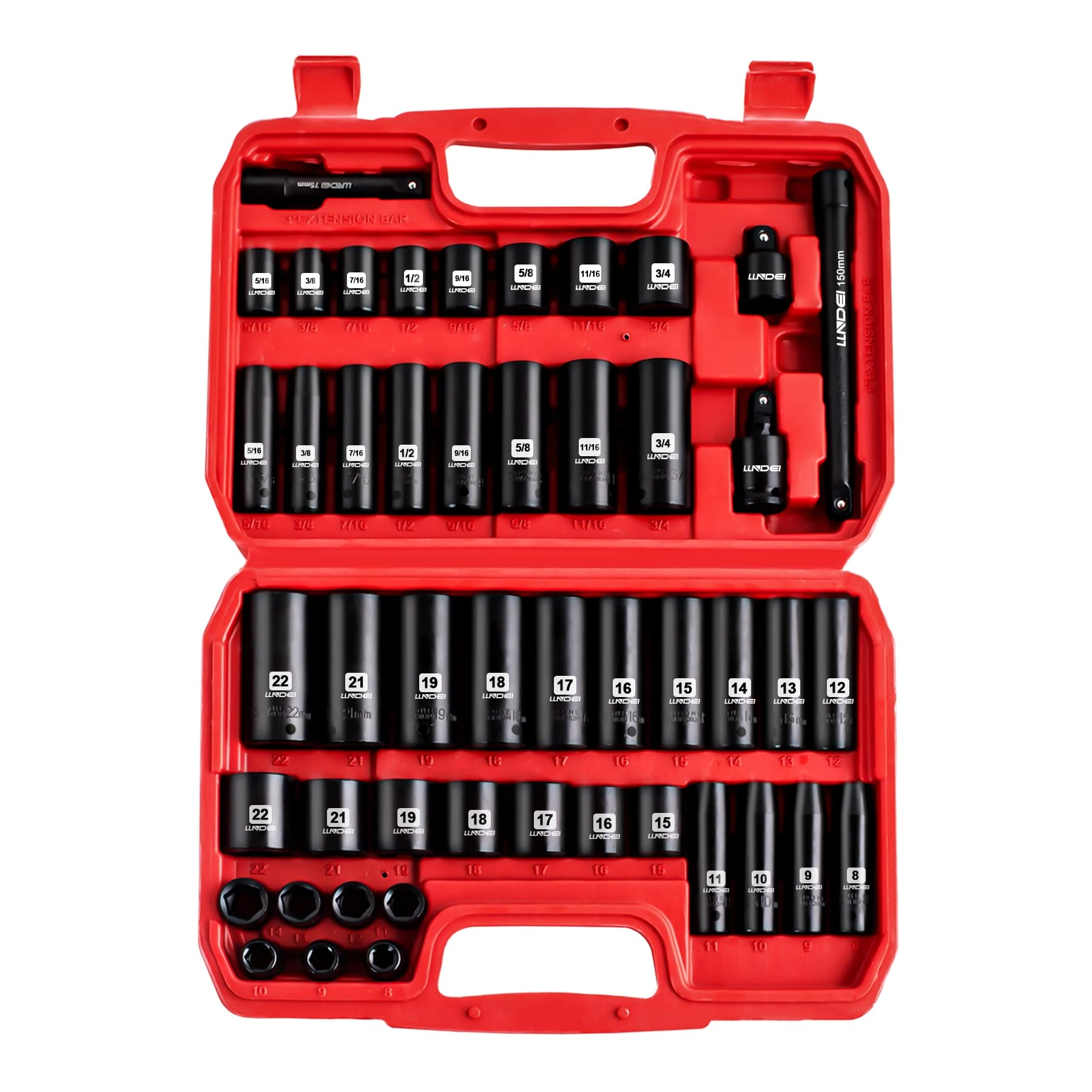 LLNDEI 3/8-Inch Impact Socket Set SAE and Metric (5/16"- 3/4", 8-22mm) 48pcs, CR-V Steel, 6 Point Sockets, Extension Bar (3-in, 6-in), 1/2" F to 3/8" M Reducer, 3/8" Universal Joint