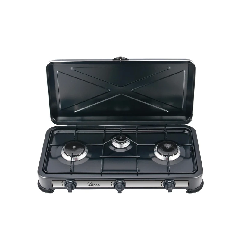 ARDES AR1FG03 Outdoor Gas Stove LPG Portable Gas Cooker for Camping 3 Fires with Lid in Painted Steel Black Energy Efficiency Class A+++
