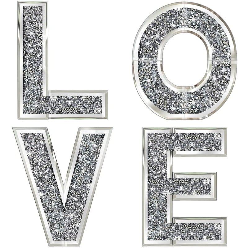 ZOLAPI 4 pcs Independent Letters Love.Glam Crystal Diamond Letters.Silver Mirror Glass Home Decoration for Wall, Fireplace, Bookshelf and Table.