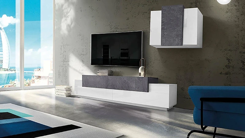 Dmora - TV wall unit Ruben, TV stand living room set, Multipurpose living room furniture, 100% Made in Italy, cm 240x45h180, Glossy White and Ash Gray