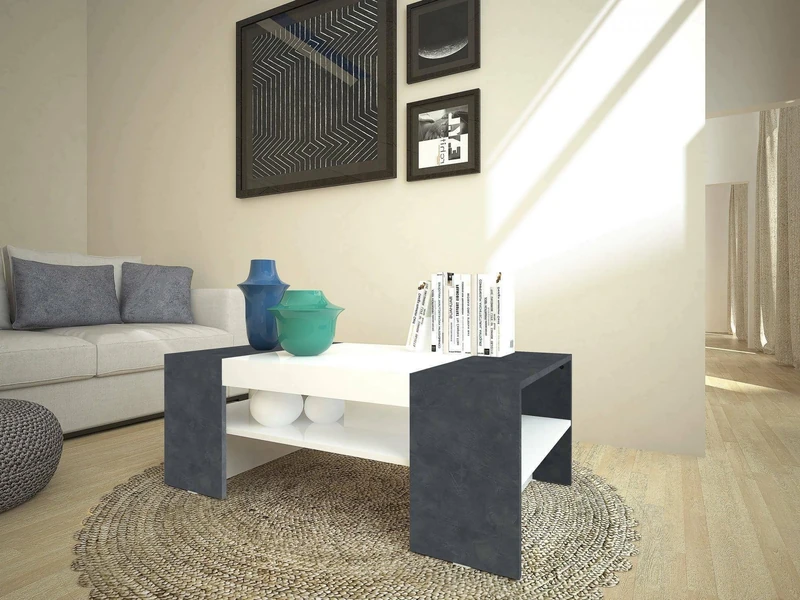 Dmora - Coffee table Jonni, Low coffee table, Magazine rack, 100% Made in Italy, cm 110x60h40, Glossy White and Ash Gray