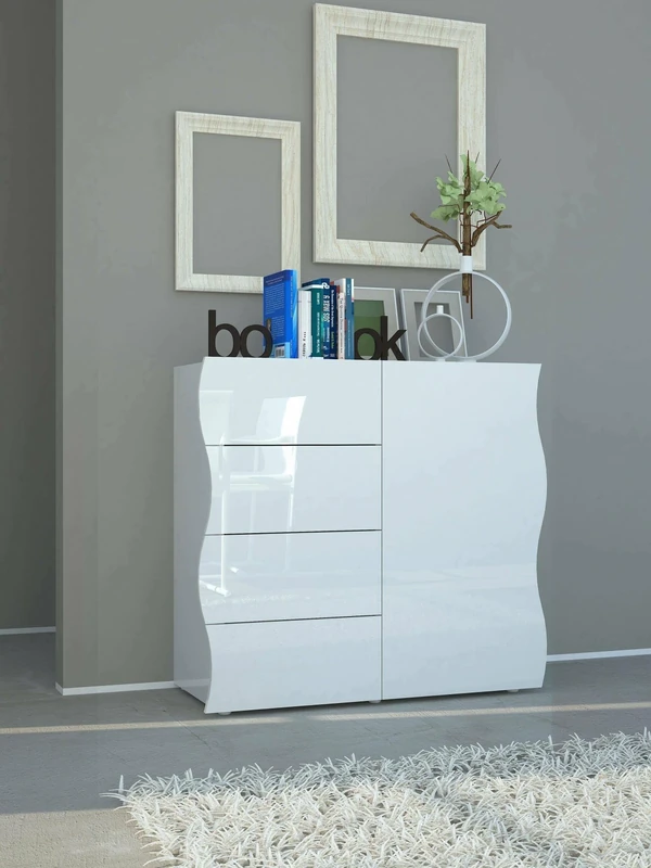 Dmora - Sideboard Giuseppe, Kitchen sideboard with 4 doors and 1 drawer, Living room buffet, 100% Made in Italy, cm 90x40h81, Glossy white