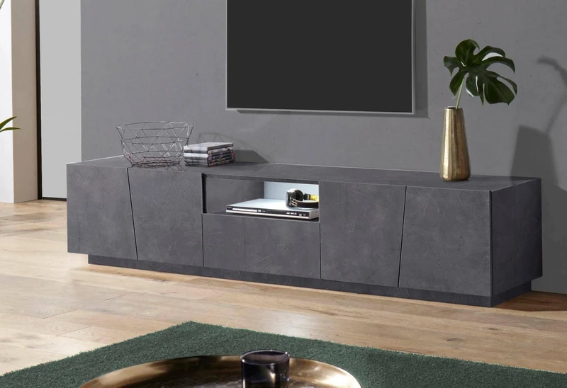 Dmora - TV stand Paul, Low sideboard for living room, TV stand base, 100% Made in Italy, cm 220x43h46, Slate, with LED light
