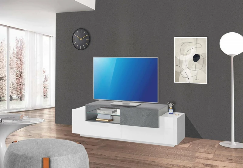 Dmora - TV stand Pablo, Low sideboard for living room, TV stand base, 100% Made in Italy, cm 160x45h51, Glossy White and Slate