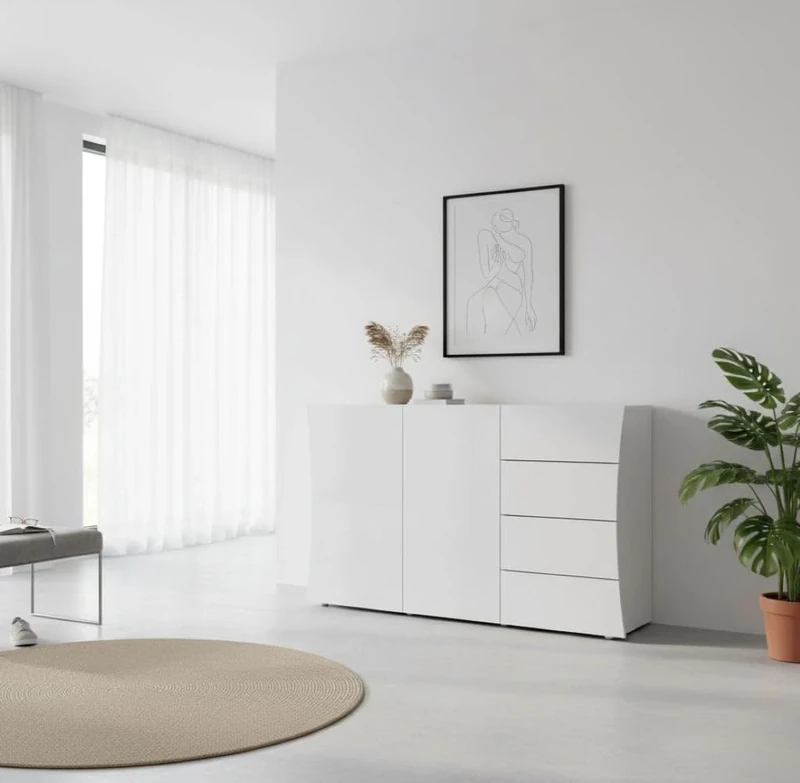 Dmora - Sideboard Tommaso, Kitchen sideboard with 2 doors and 4 drawers, Living room buffet, 100% Made in Italy, cm 124x40h82, Glossy white