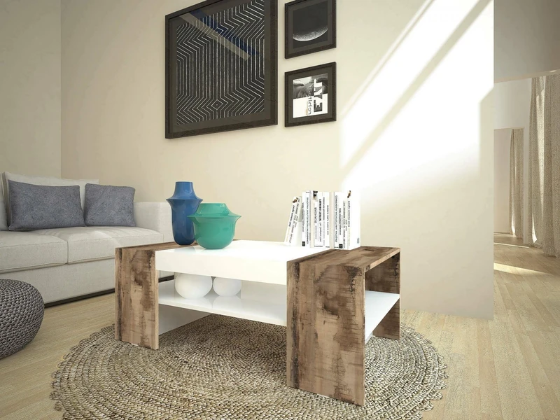 Dmora - Coffee table Jonni, Low coffee table, Magazine rack, 100% Made in Italy, cm 110x60h40, Glossy white and Maple