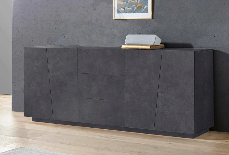 Dmora - Sideboard Sven, Kitchen sideboard with 4 doors and 3 drawers, Living room buffet, 100% Made in Italy, cm 220x43h86, Ash Gray