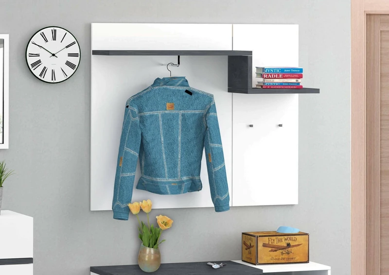 Dmora - Entrance Furniture Ezio, Modern multifunction entrance, Multipurpose cabinet for entrance hall, 100% Made in Italy, cm 120x30h100, Glossy White and Slate