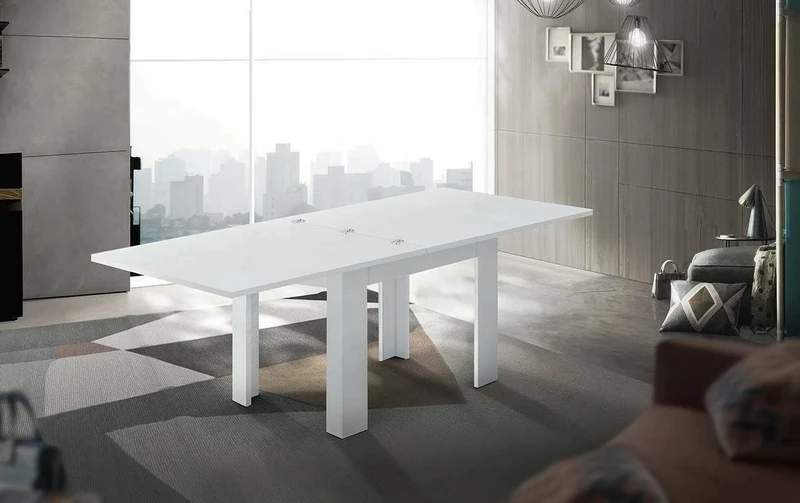Dmora - Extendable Table Otto, Auxiliary kitchen console, Extendable table, 100% Made in Italy, cm 90x90h75, Glossy white