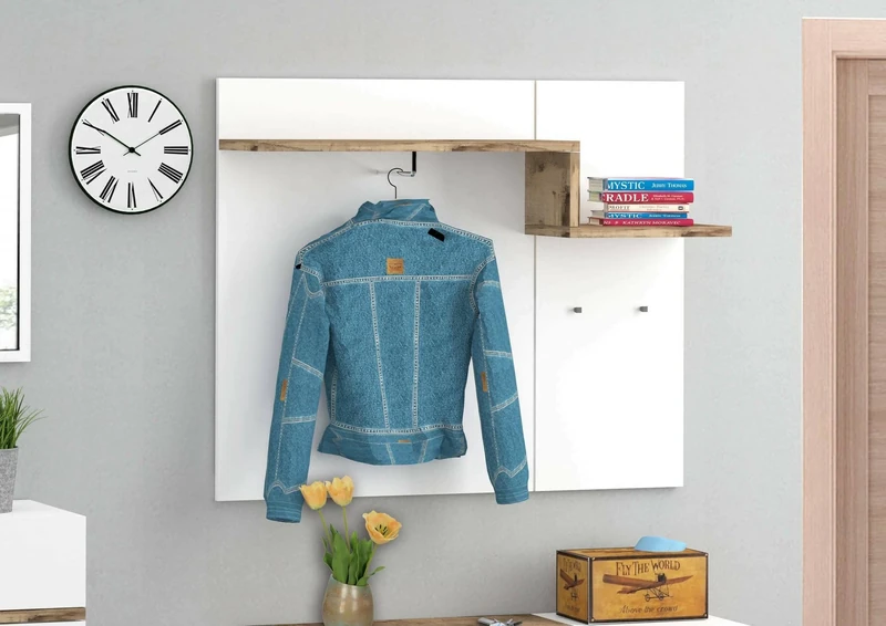 Dmora - Entrance Furniture Ezio, Modern multifunction entrance, Multipurpose cabinet for atrium, 100% Made in Italy, cm 120x30h100, Glossy white and Maple