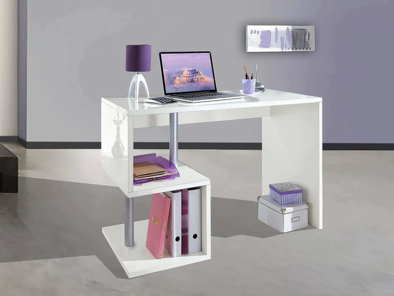 Dmora - Desk Massimo, PC holder linear desk, Multipurpose office table, Multiposition space-saving desk, 100% Made in Italy, cm 100x50h78, Glossy white