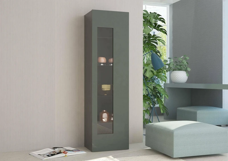 Dmora - Display cabinet Mimmo, Sideboard with glass door, Multipurpose living room furniture, 100% Made in Italy, cm 45x34h162, Glossy Anthracite