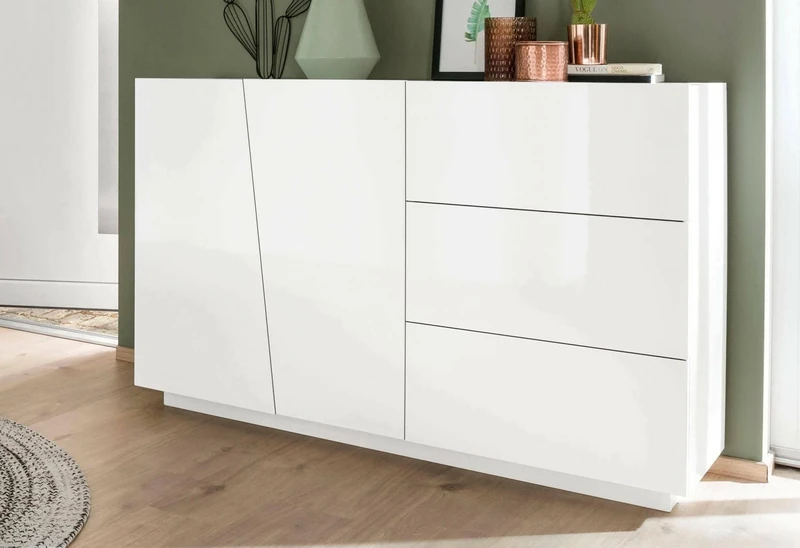 Dmora - Sideboard Italo, Kitchen sideboard with 2 doors and 3 drawers, Living room buffet, 100% Made in Italy, cm 141x43h86, Glossy white