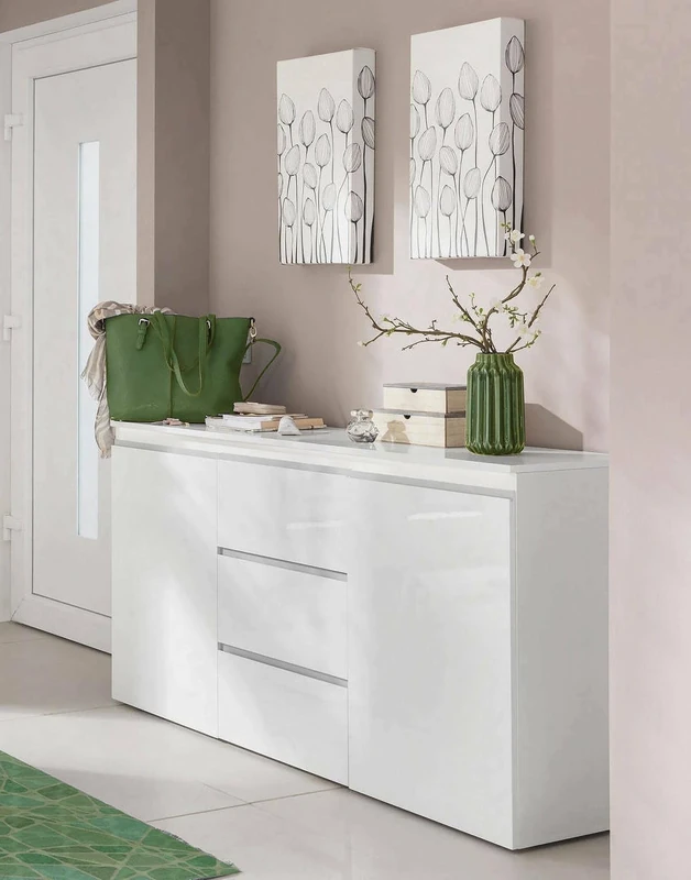 Dmora - Sideboard Daniel, Design sideboard with 2 doors 3 drawers, Living room buffet, Kitchen sideboard, 100% Made in Italy, cm 150x40h81, Glossy white