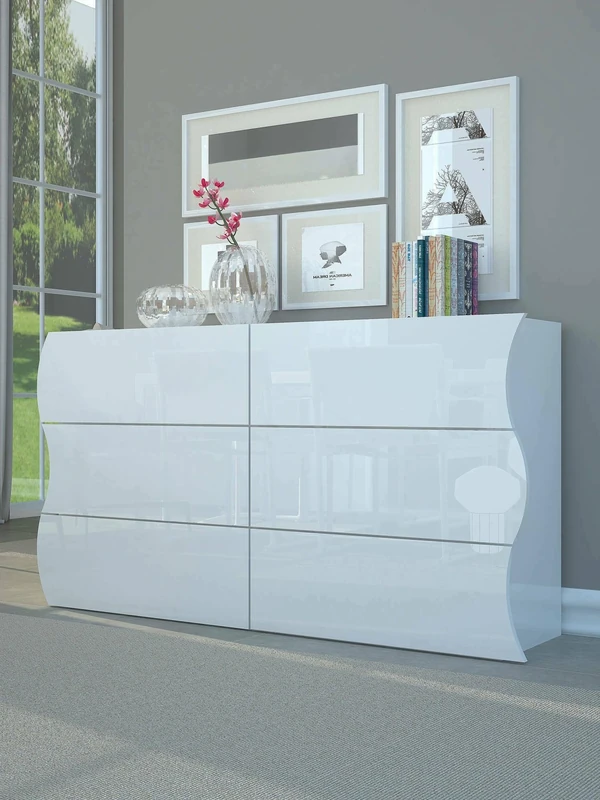 Dmora - Chest of drawers Tyler, Chest of drawers 6 drawers, Dresser for bedroom, 100% Made in Italy, Glossy white, cm 155x40h82