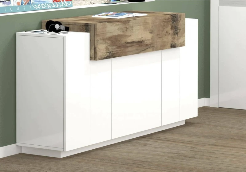 Dmora - Sideboard Renzo, Kitchen sideboard with 4 doors, Living room buffet, 100% Made in Italy, cm 140x45h86, Glossy white and Maple