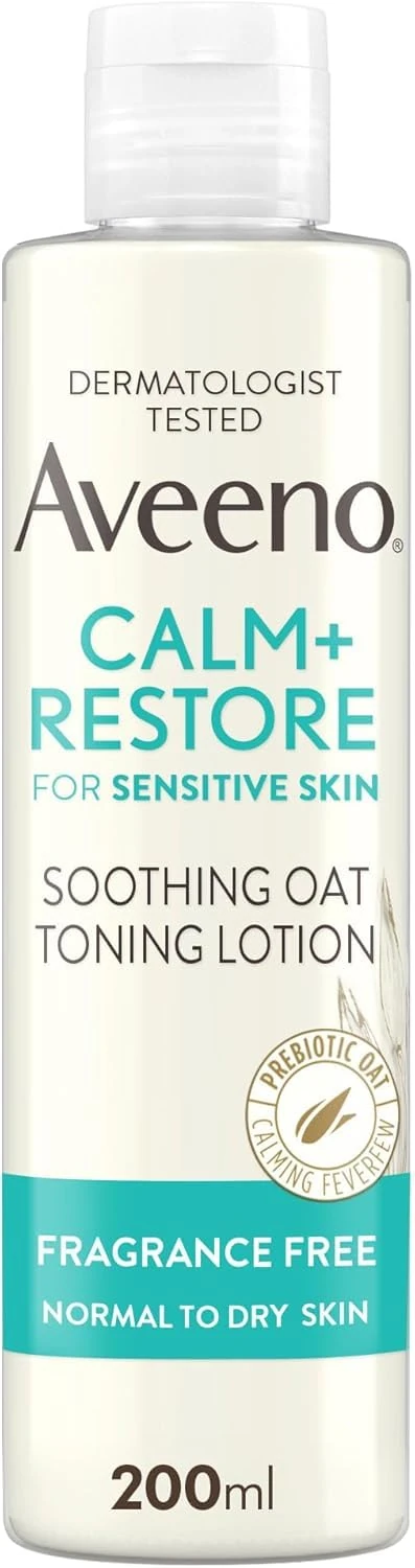 Aveeno Face Calm+Restore Soothing Oat Toning Lotion (1 x 200ml), Fragrance-Free Face Care with Prebiotic Oat & Calming Feverfew, Leaves Skin Ultra Refreshed, Suitable for Sensitive Skin