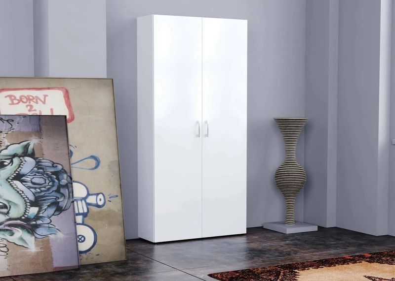 Dmora - Shoe Rack Simone, Multipurpose cabinet with 2 doors and internal shelves, Entrance shoe rack, 100% Made in Italy, cm 91x33h190, Glossy white