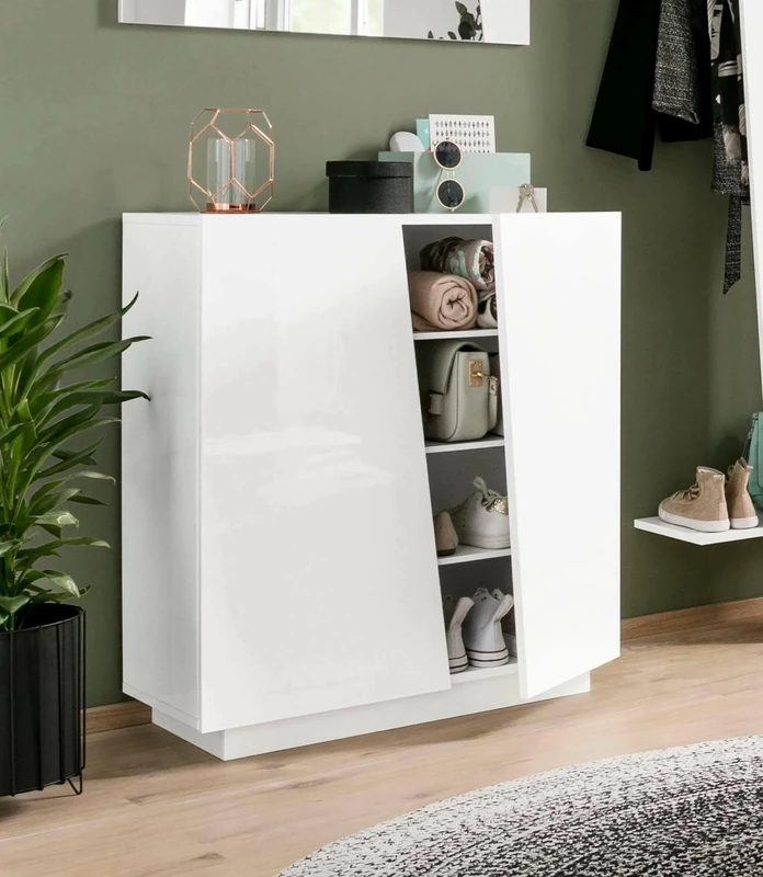 Dmora - Shoe Rack Joel, Multipurpose cabinet with 2 doors, Entrance shoe rack, 100% Made in Italy, cm 80x38h86, Glossy white