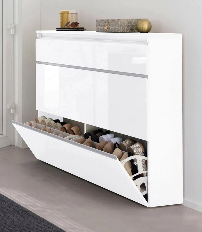 Dmora - Shoe Rack Piero, Multipurpose cabinet with 2 doors and 1 flap door, Entrance shoe rack, 100% Made in Italy, cm 120x27h108, Glossy white
