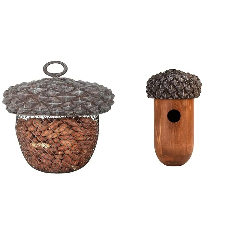 Fallen Fruits Ltd FB389 ACORN BIRD FEEDER, Grey, 31.0 cm*14.0 cm*14.0 cm & NK83 Bird House Acorn Wren, Brown, 25.3 cm*13.9 cm*13.9 cm