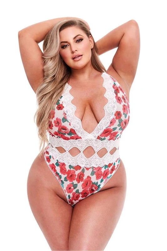 FROHLE Baci Lingerie Sets-E32345 White Floral Q Satin Teddy - Image 1