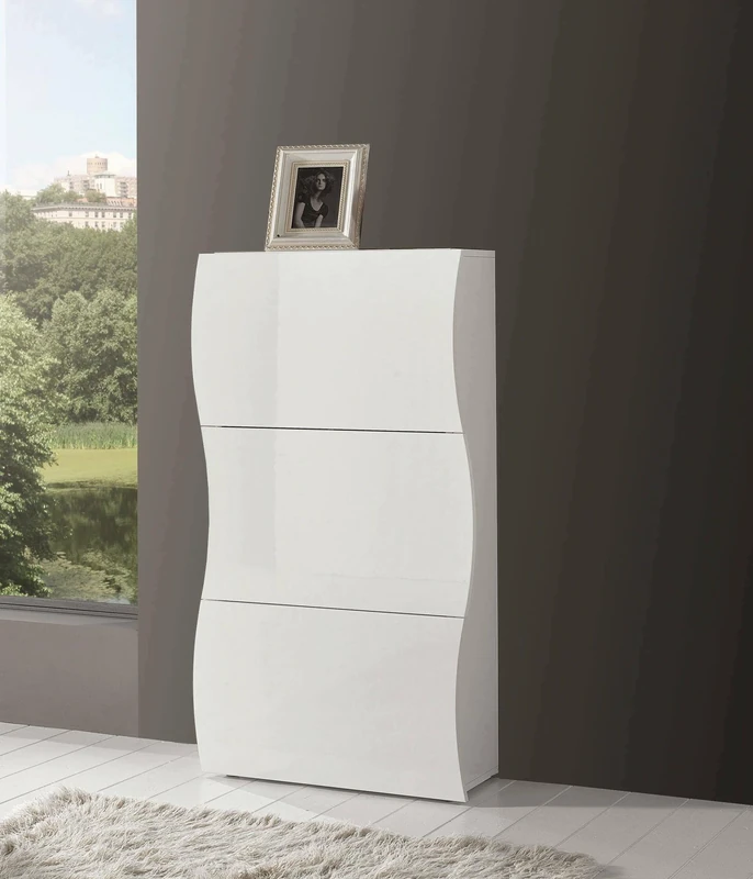 Dmora - Shoe Rack Leonardo, Multipurpose cabinet with 3 doors, Entrance shoe rack, 100% Made in Italy, cm 71x27h122, Glossy white